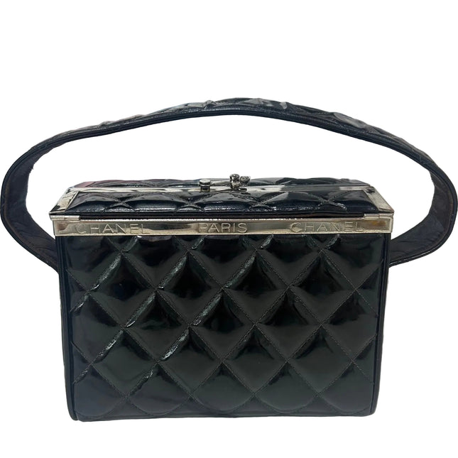 Chanel Vanity Case Vintage Black Patent Leather Silver Clasp Hardware