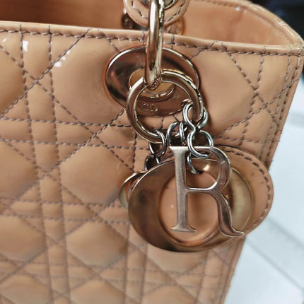 Lady Dior Medium Beige Patent Leather with Silver-tone Hardware