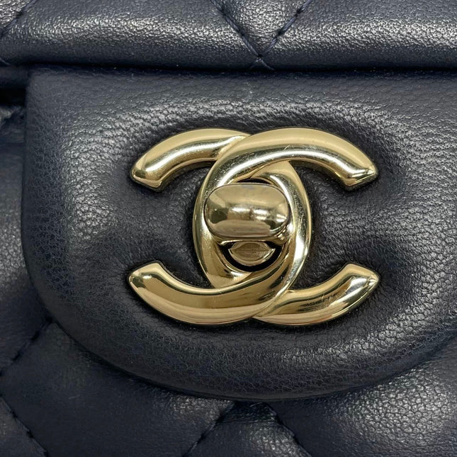 Chanel Classic Flap Mini Rectangular Navy Lambskin Leather Gold Hardware Microchip