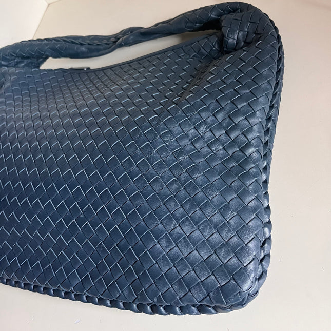 Sold Bottega Veneta Veneta Hobo Medium Navy Intrecciato Leather Bag
