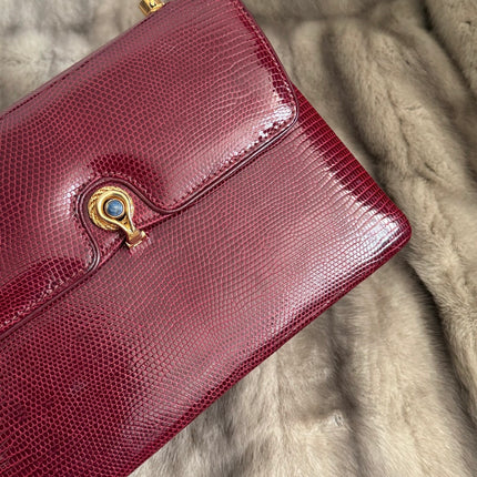 Gucci Vintage Bag Burgundy Lizard Leather Blue Lapis Lazuli Stone Gold-tone Hardware