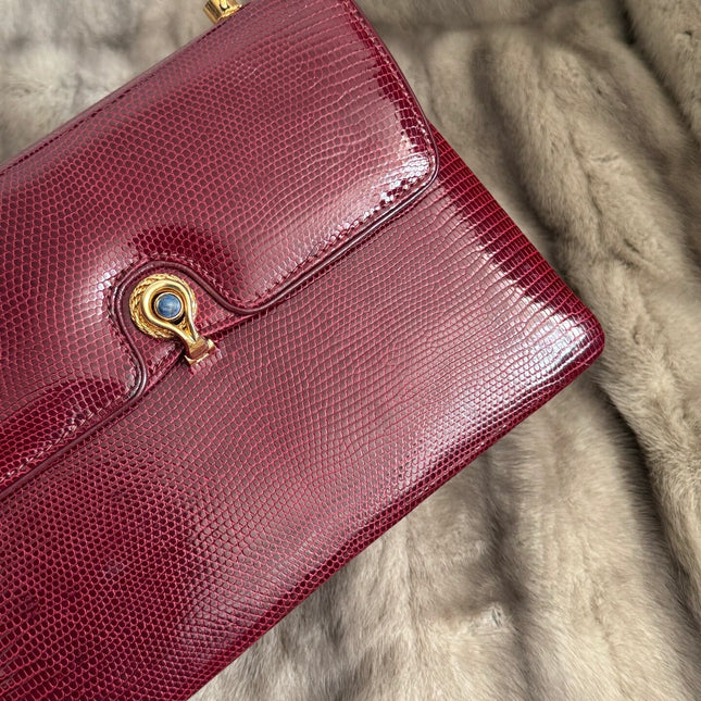 Gucci Vintage Bag Burgundy Lizard Leather Blue Lapis Lazuli Stone Gold-tone Hardware