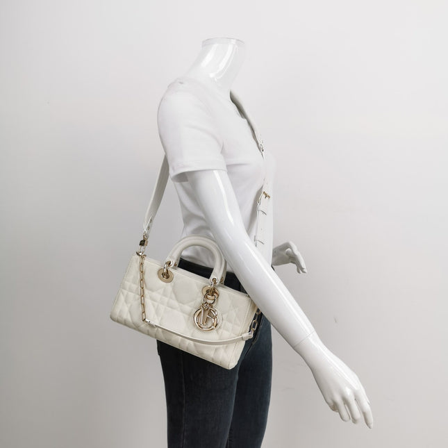 Sold Lady D-Joy Mini Handbag Microcannage Technical Fabric White with Two Straps