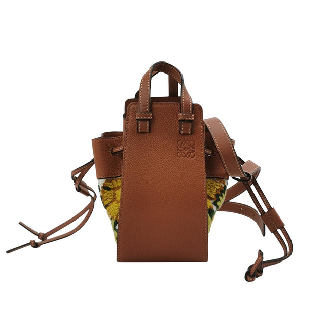 Loewe x William de Morgan Hammock Mini Tan Brown Leather Yellow Flower Embroidery Top Handle Crossbody Bag