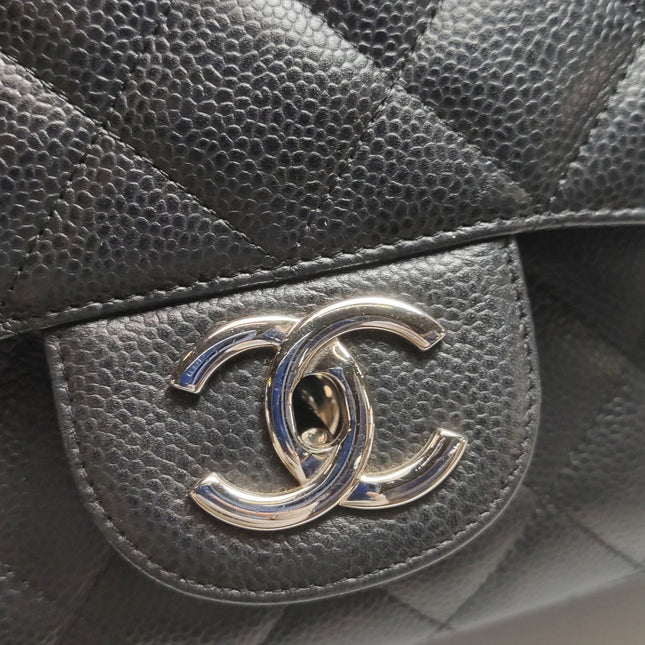 Chanel Classic Flap Maxi Black Caviar Leather Double Flap Sliver Hardware