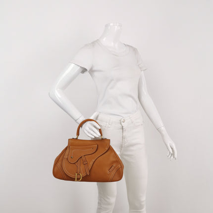 Dior Top Handle Saddle Bag Cognac Tan Brown Calfskin Leather
