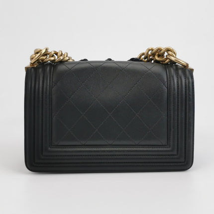Chanel Le Boy Bag Small Camellia Black Lambskin Leather Gold Hardware