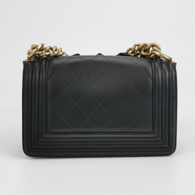 Chanel Le Boy Bag Small Camellia Black Lambskin Leather Gold Hardware