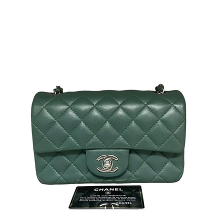 Chanel Classic Flap Mini Rectangular 2019 Green Lambskin Leather Silver Hardware-Luxbags