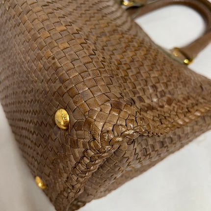 Prada Madras Brown Woven Leather Top Handle Shopping Tote