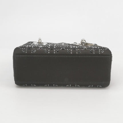 Lady Dior Mini Black Silk with Crystals Silver Hardware