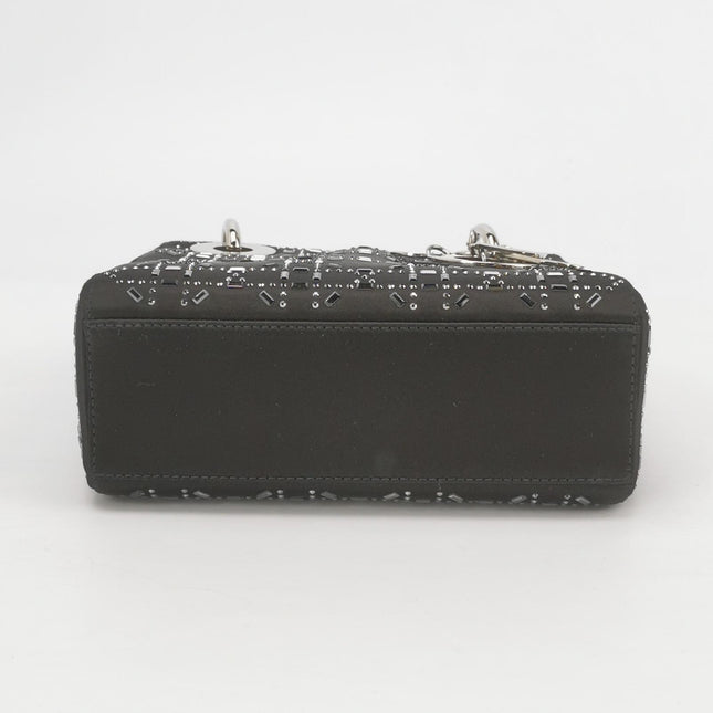 Lady Dior Mini Black Silk with Crystals Silver Hardware
