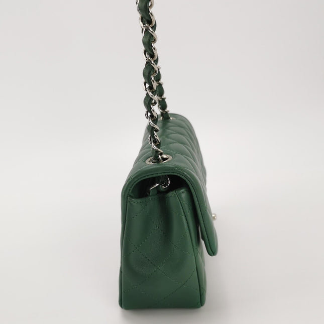 Chanel Classic Flap Mini Rectangular Green Lambskin Leather Silver Hardware