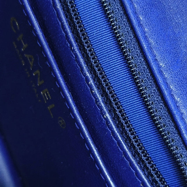 Chanel Classic Flap Mini Square Chevron Stitching Blue Lambskin Gold Hardware Crossbody Bag