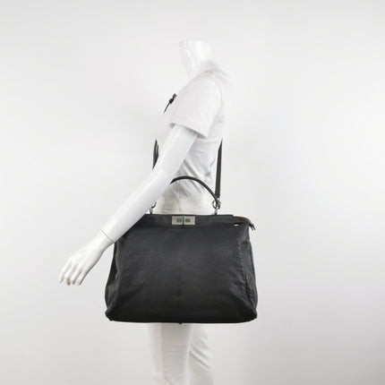 Fendi Peekaboo Large Black Calfskin Leather Glitter Beaded Zucca Interior