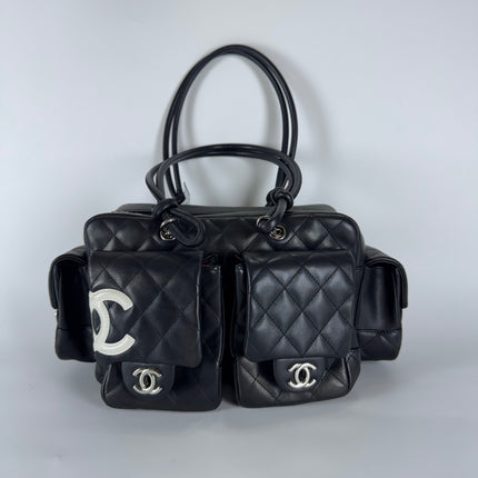 Chanel Cambon Multi-pocket Ligne Reporter Bag Medium Black Calfskin Leather White Logo