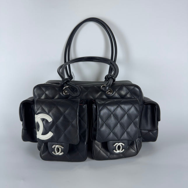Chanel Cambon Multi-pocket Ligne Reporter Bag Medium Black Calfskin Leather White Logo