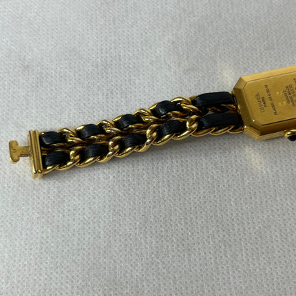 CHANEL 1987 Vintage PREMIERE Watch Medium Black Leather and 24KT Yellow Gold Plated