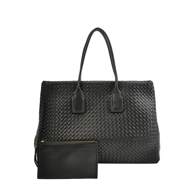 Bottega Veneta XXL Snap Tote Black Intrecciato Leather With Pouch