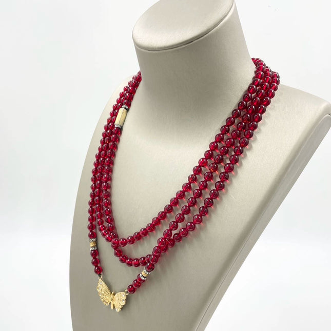 Ferragamo Vintage Rare Red Ruby Beads Necklace Gold Plated Butterfly Signed