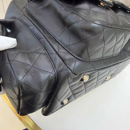 Sac Reporter Grande Taille Chanel Cambon Multipoches en Cuir de Veau Noir Logo Blanc