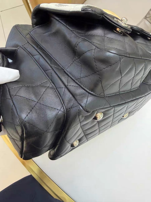 Chanel Cambon Multi-pocket Ligne Reporter Bag Large Black Calfskin Leather White Logo
