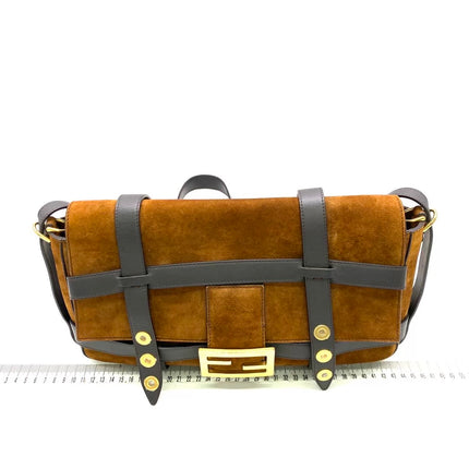 Fendi Baguette Brown Suede Leather Large Baguette Cage Removable Leather Belts
