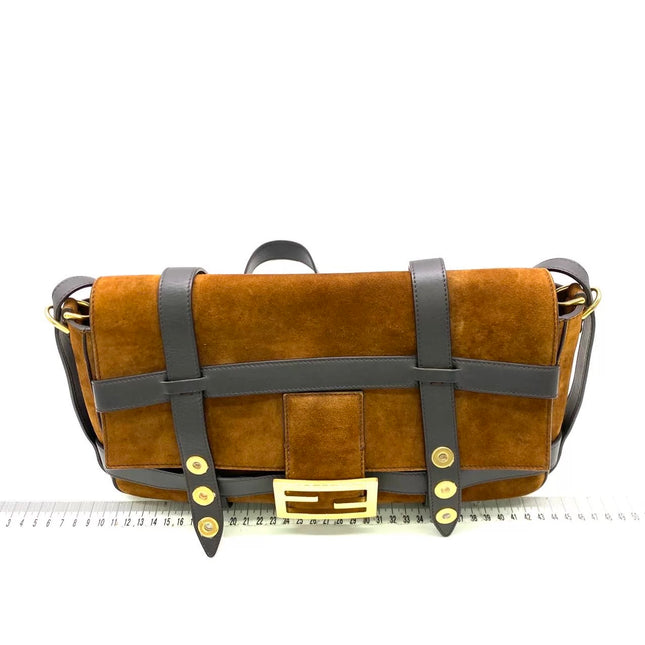 Fendi Baguette Brown Suede Leather Large Baguette Cage Removable Leather Belts