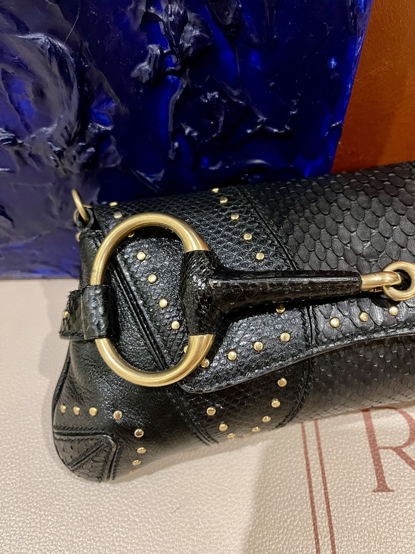 Gucci Horsebit 1955 Small Snake skin leather Black Gold Studded Shoulder Bag