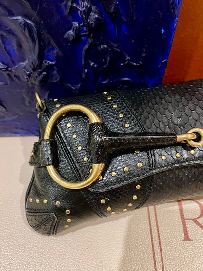 Gucci Horsebit 1955 Small Snake skin leather Black Gold Studded Shoulder Bag