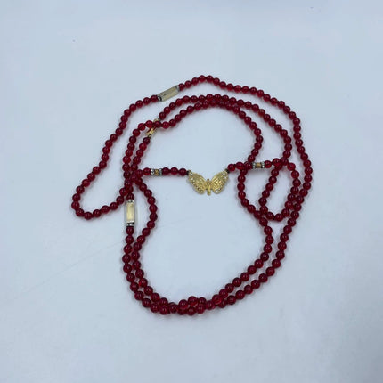 Ferragamo Vintage Rare Red Ruby Beads Necklace Gold Plated Butterfly Signed