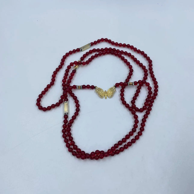 Ferragamo Vintage Rare Red Ruby Beads Necklace Gold Plated Butterfly Signed