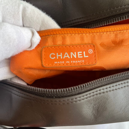 Chanel Cambon Medium Shoulder Bag Brown Calfskin Leather Snake-skin CC Logo Black Double Strap