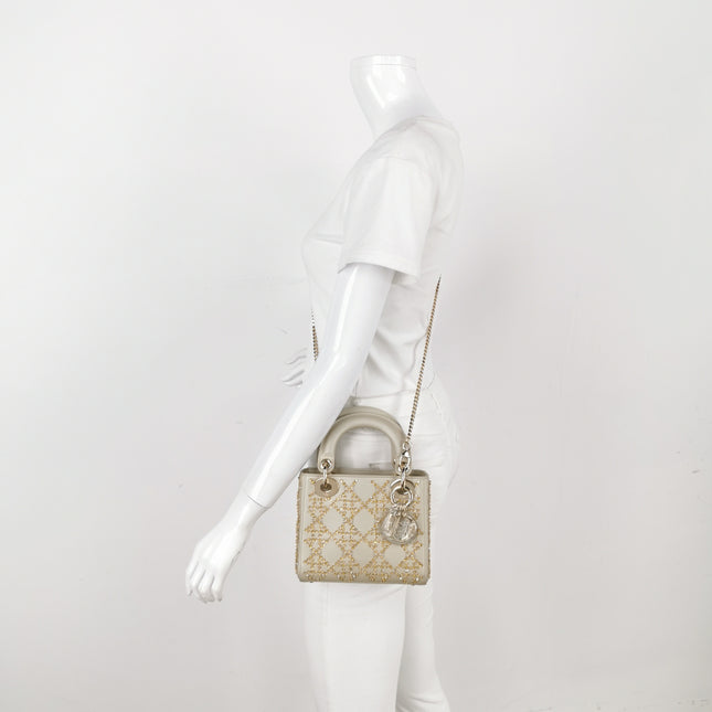 Lady Dior Mini Gold Calfskin Leather with Crystals Gold Hardware 2023