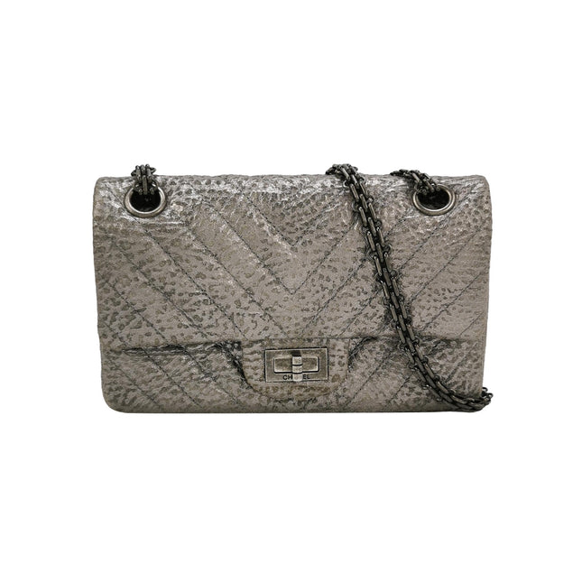 Chanel 2.55 Mini Chevron Stitching Silver Patterned Calfskin Leather Silver Hardware Flap Crossbody Bag