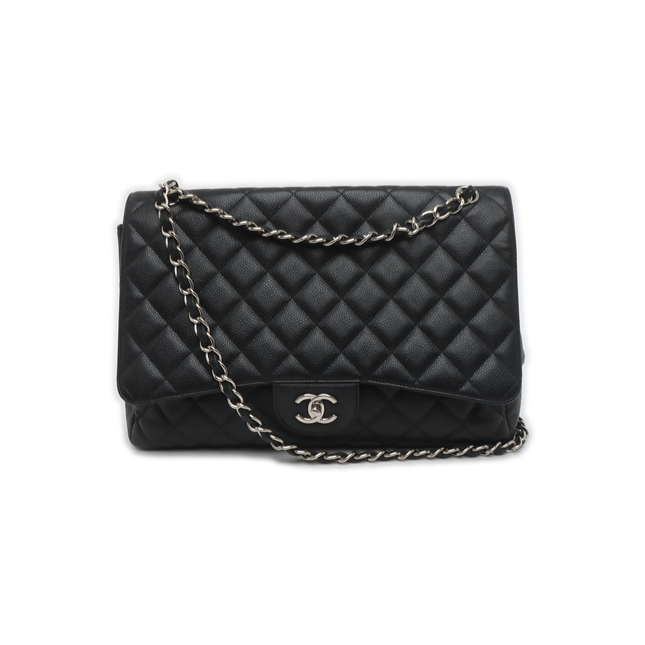 Chanel Classic Flap Maxi Black Caviar Leather Single Flap with Silver Hardware-Luxbags