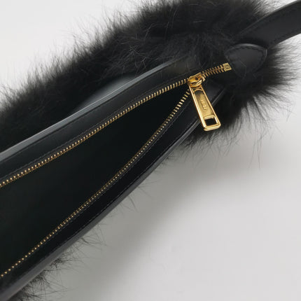 FENDI O Lock Black Leather and Faux Fur Shoulder Bag