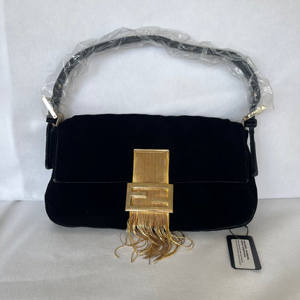 Fendi Baguette Vintage Rare Black Velvet with Gold Metal Tassles