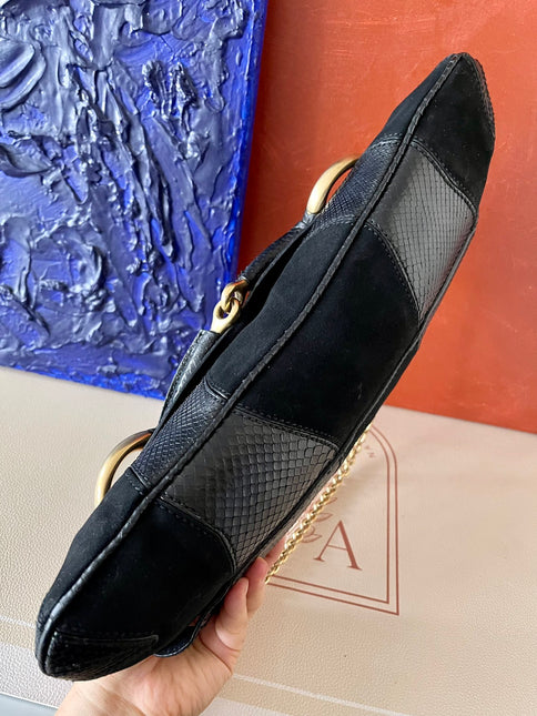 Gucci Horsebit 1955 Large Black Suede and Python-skin Leather Shoulder Bag