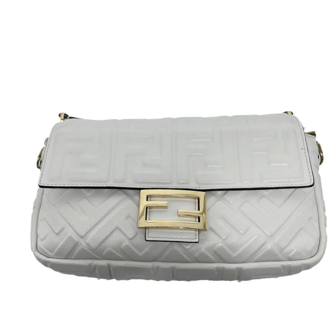 Sold FENDI Baguette White Leather 3D FF Motif Crossbody-Luxbags