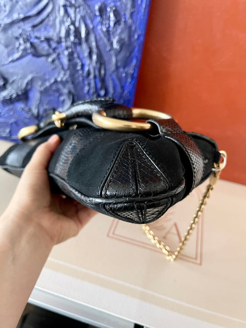 Gucci Horsebit 1955 Large Black Suede and Python-skin Leather Shoulder Bag