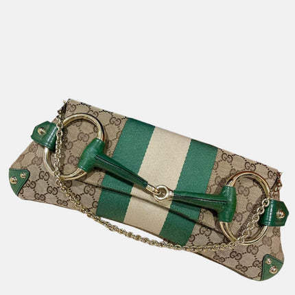 Gucci Horsebit 1955 Chain Cloth Gucci Monogram Green Leather and Gold Studs-Luxbags