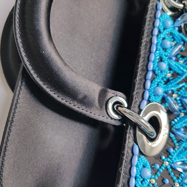 Lady D-Joy Medium Bag Exceptional Piece Black Silk Satin Turquoise Beaded Tassel