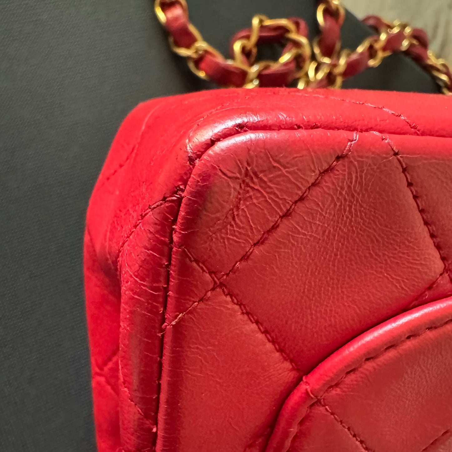 Chanel Vintage Classic Flap Mini Square Red Lambskin 24k Gold HW, 1989-1991