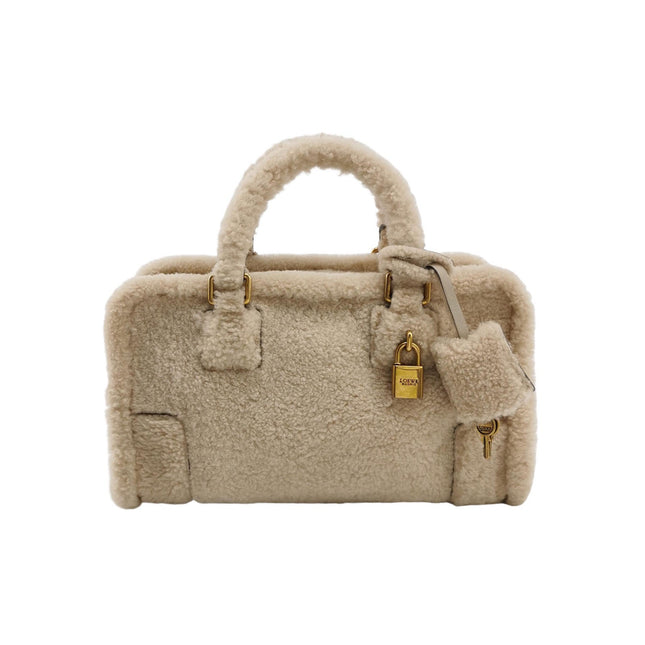 Loewe Amazona Small 29 White Shearling Gold Hardware Top Handle Bag-Luxbags
