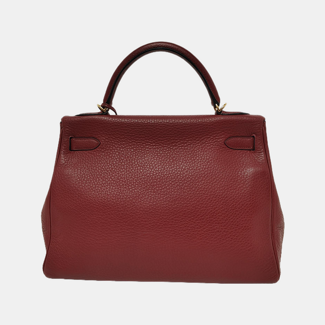 Hermes Kelly 32 Retourne Rouge H Burgundy Clemence Leather Double Ring Gold HW 2004