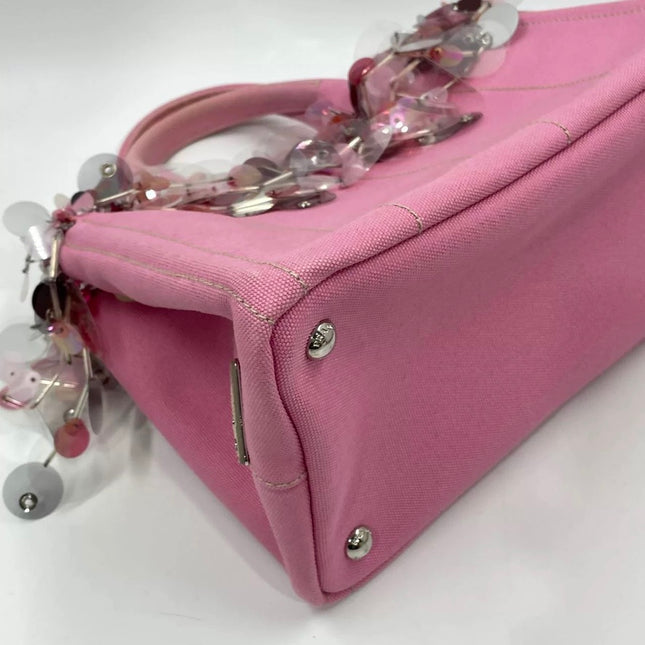 Prada Canape Small Pink Canvas with Sequins Top Handle Bag with Strap Rare