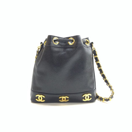 Chanel Vintage Mini Bucket Bag Black Caviar Leather Gold Logo, 1996-1997