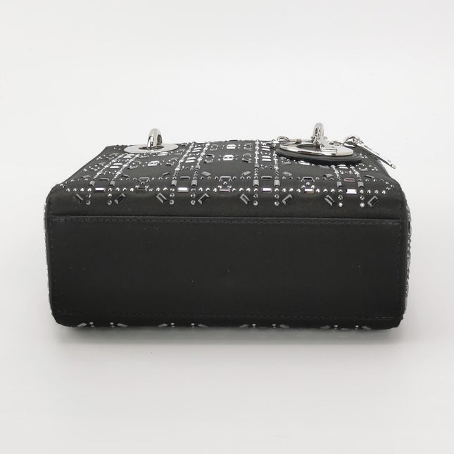 Lady Dior Mini Black Silk with Crystals Silver Hardware