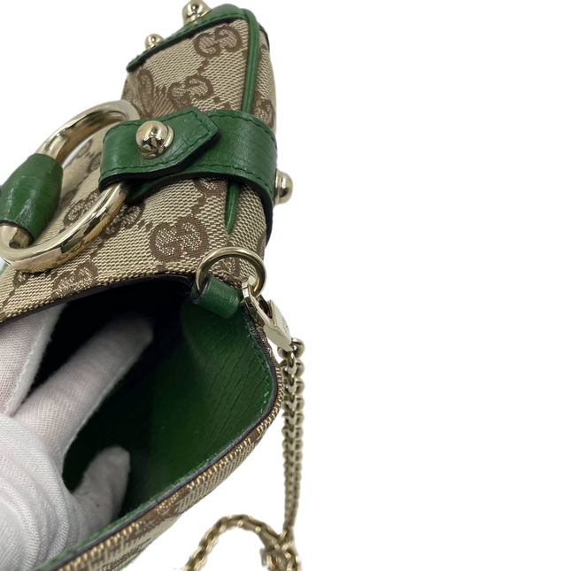 Sold Iconic Gucci Horsebit 1955 Chain Cloth Gucci Monogram Green Leather and Gold Studs